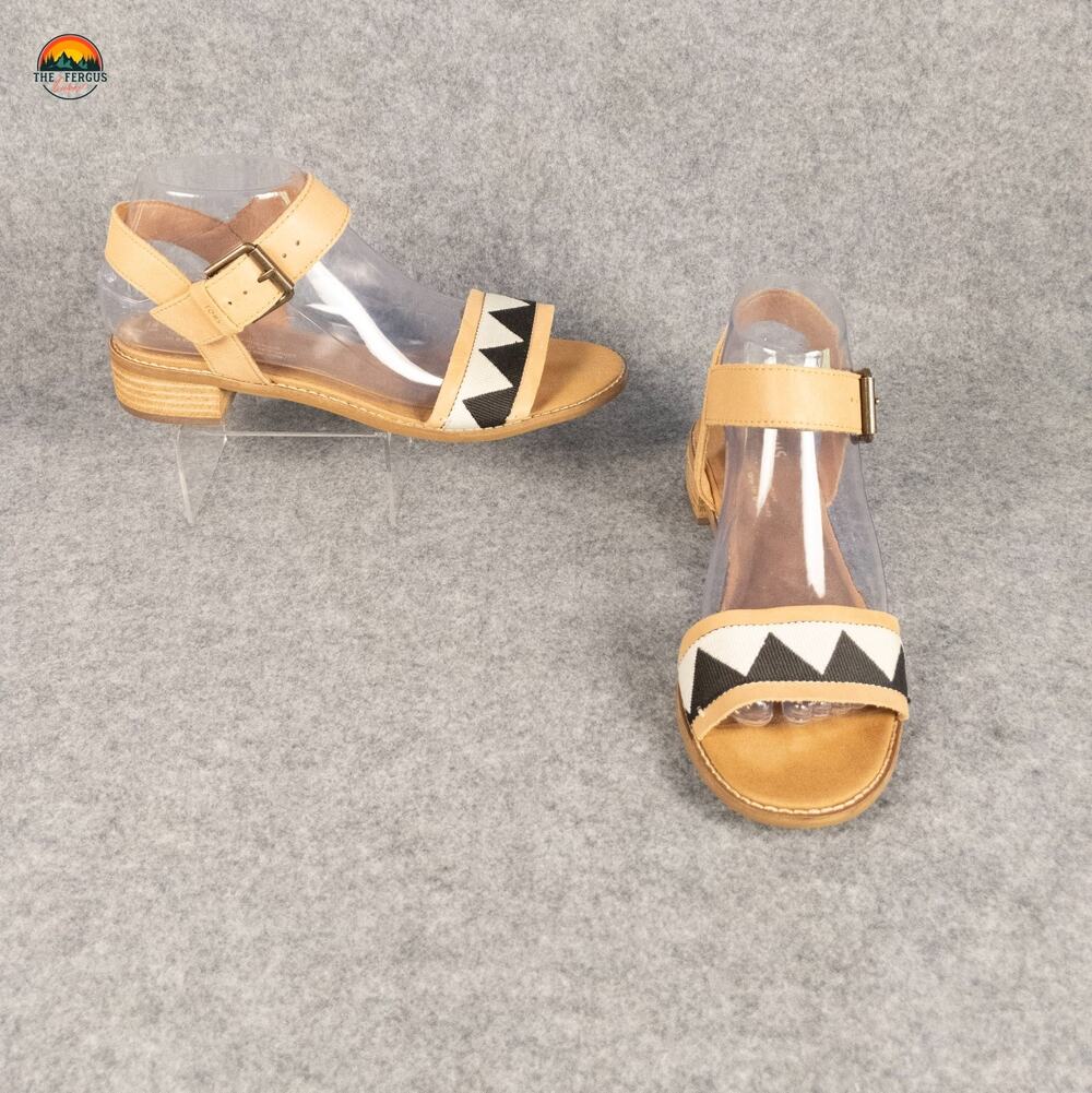 Toms Tribal Pattern Sandals Brown Leather Slingback Block Heel Women's Size 8